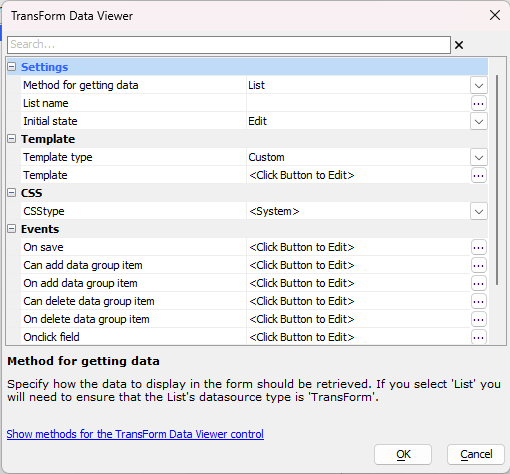 The TransForm_DataViewer_properties dialog is accessed by double-clicking on the control